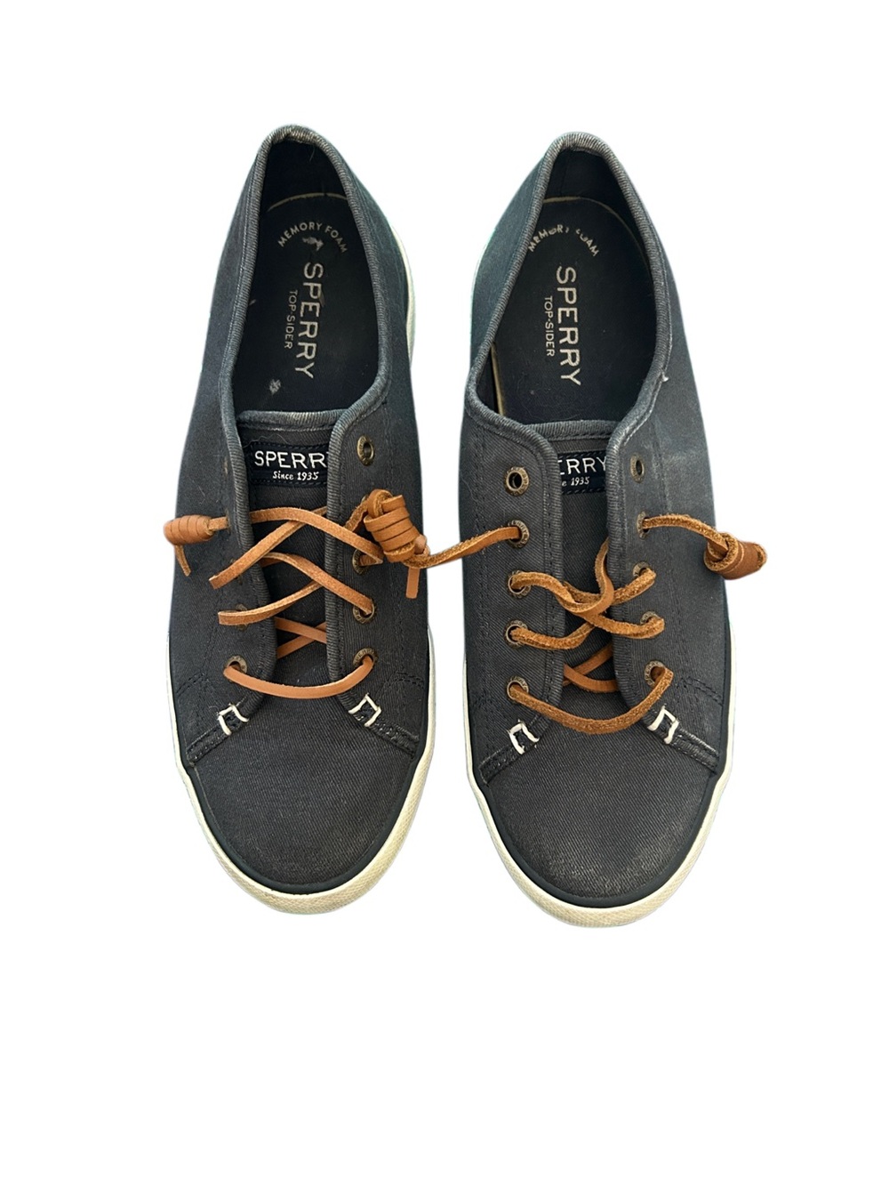 Sperry Navy Canvas Sneakers with Brown Laces - Picture 1 of 6